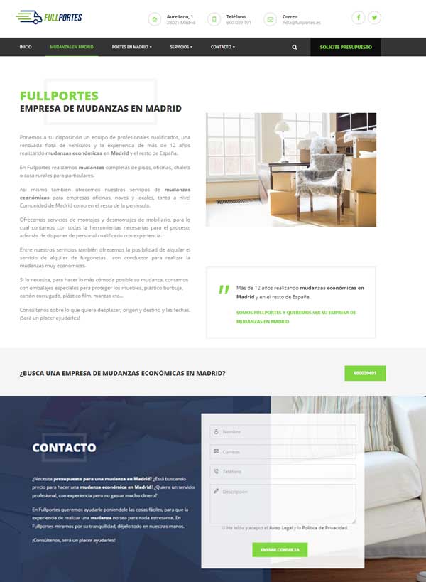 Diseño de página web para empresa de portes y mudanzas