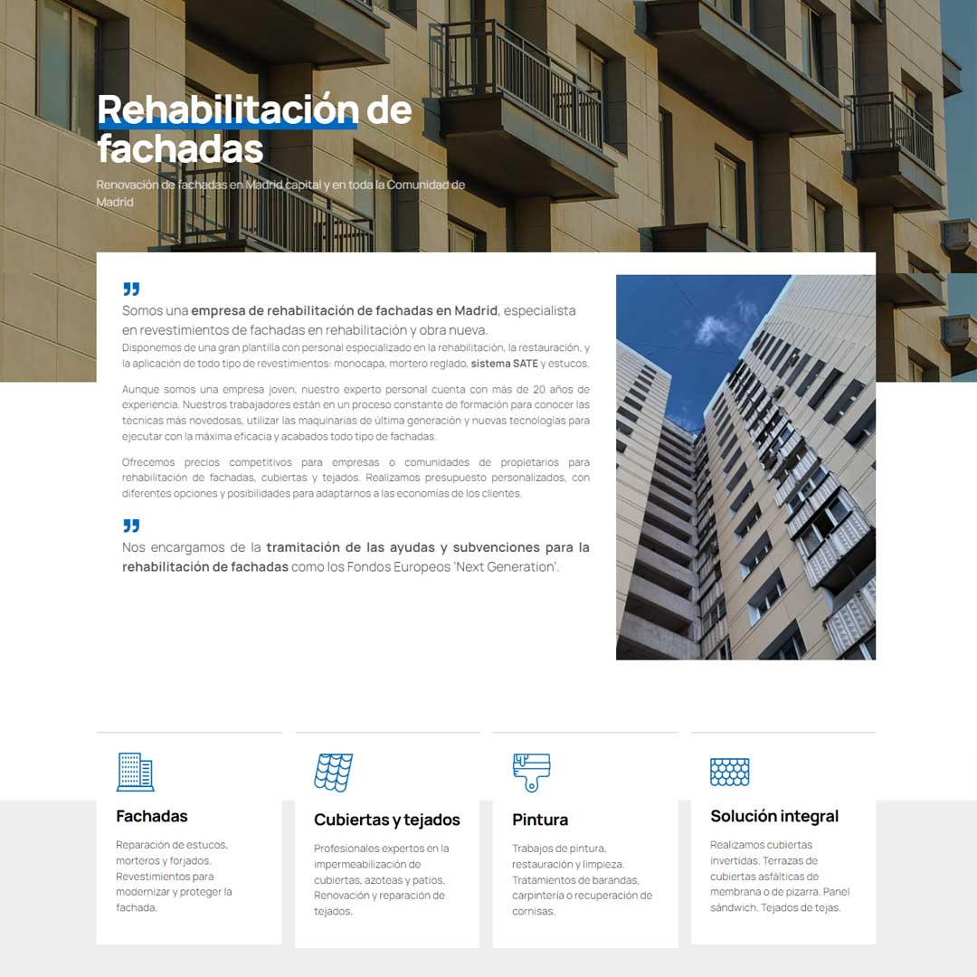 Diseño de página web para empresa de rehabilitación de fachadas en Madrid